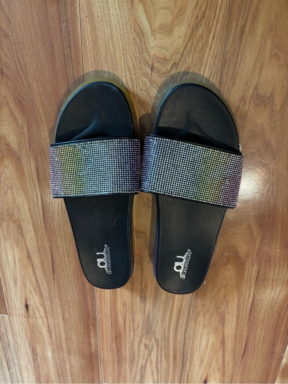 Underground Black Slide Sandals with Iridescent Crystal Strap